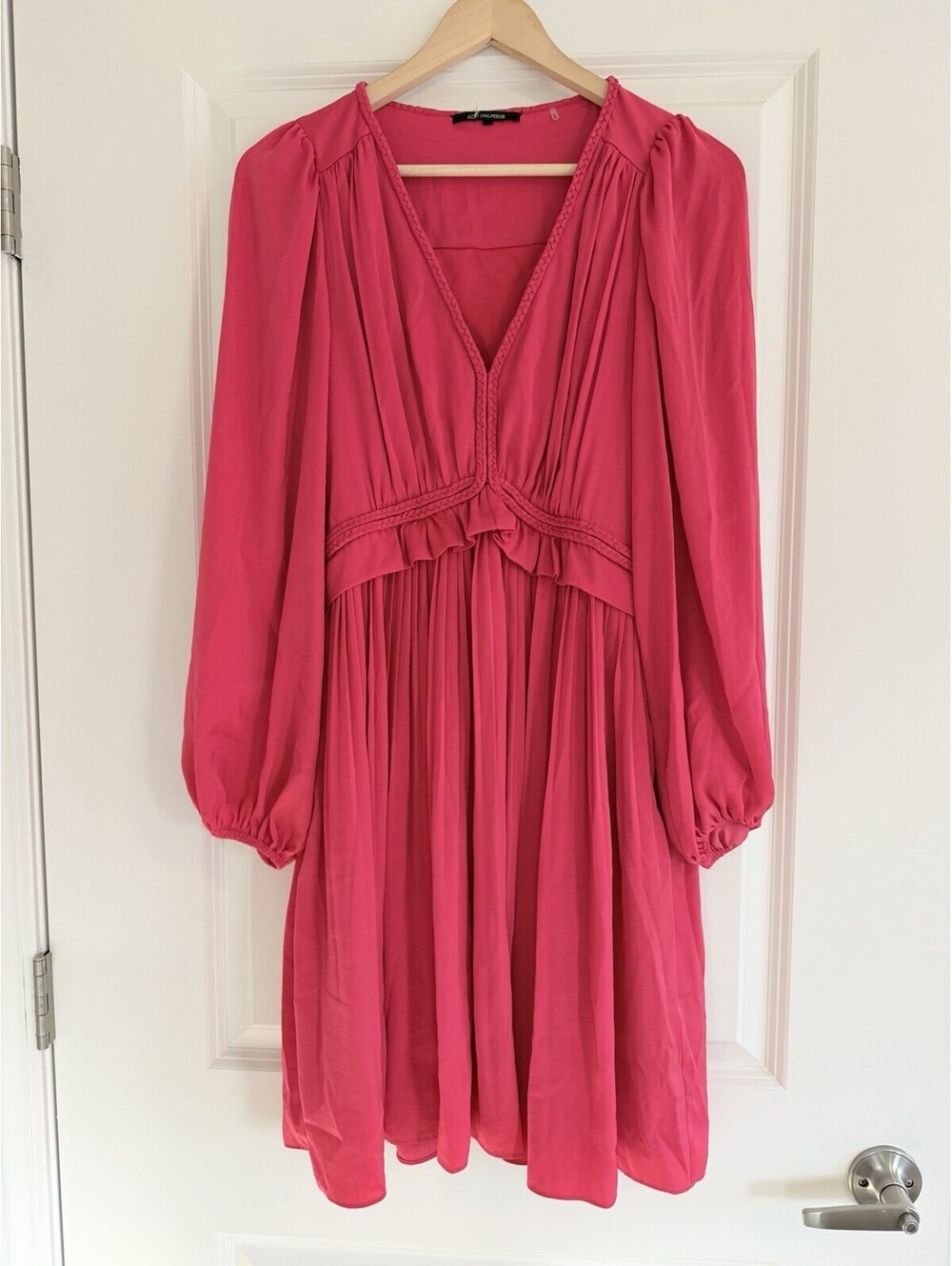 Kobi Halperin Pink Dress Braided V-Neck Balloon Sleeve Size S Feminine Flowy